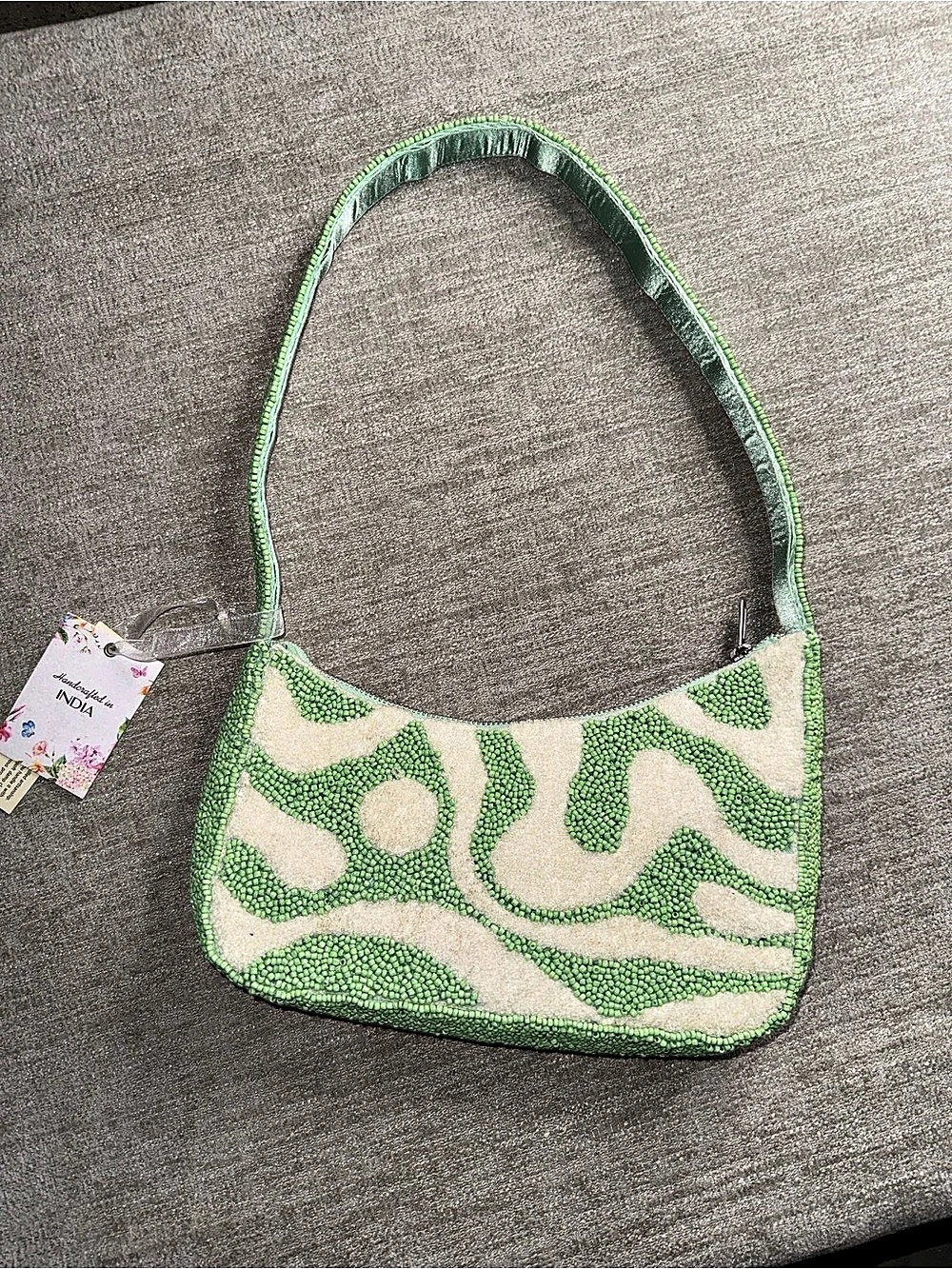 Handcrafted in India Green Ivory Beaded Swirl Shoulder Bag NWT